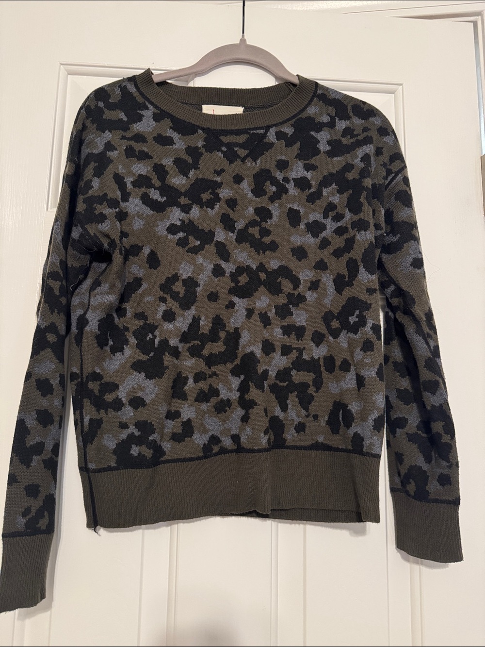 Anthropologie Olive and Black Leopard-Print Crewneck Sweater
